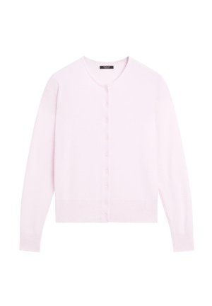 Cardigan rosa chiaro, realizzato in materiale morbido, con scollatura rotonda, maniche lunghe e chiusura completa a bottoni sul davanti.