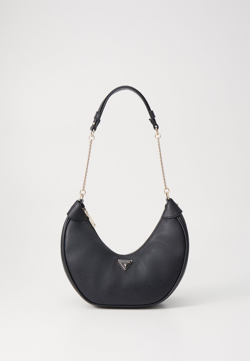 Black leather shoulder bag with a curved shape, accented with a gold chain and a logo plaque. Features a zippered closure and textured surface.