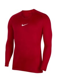 Rotes langärmliges Sportshirt aus dehnbarem Material, mit rundem Halsausschnitt und weißem Nike-Logo auf der Brust. Glatte Textur.