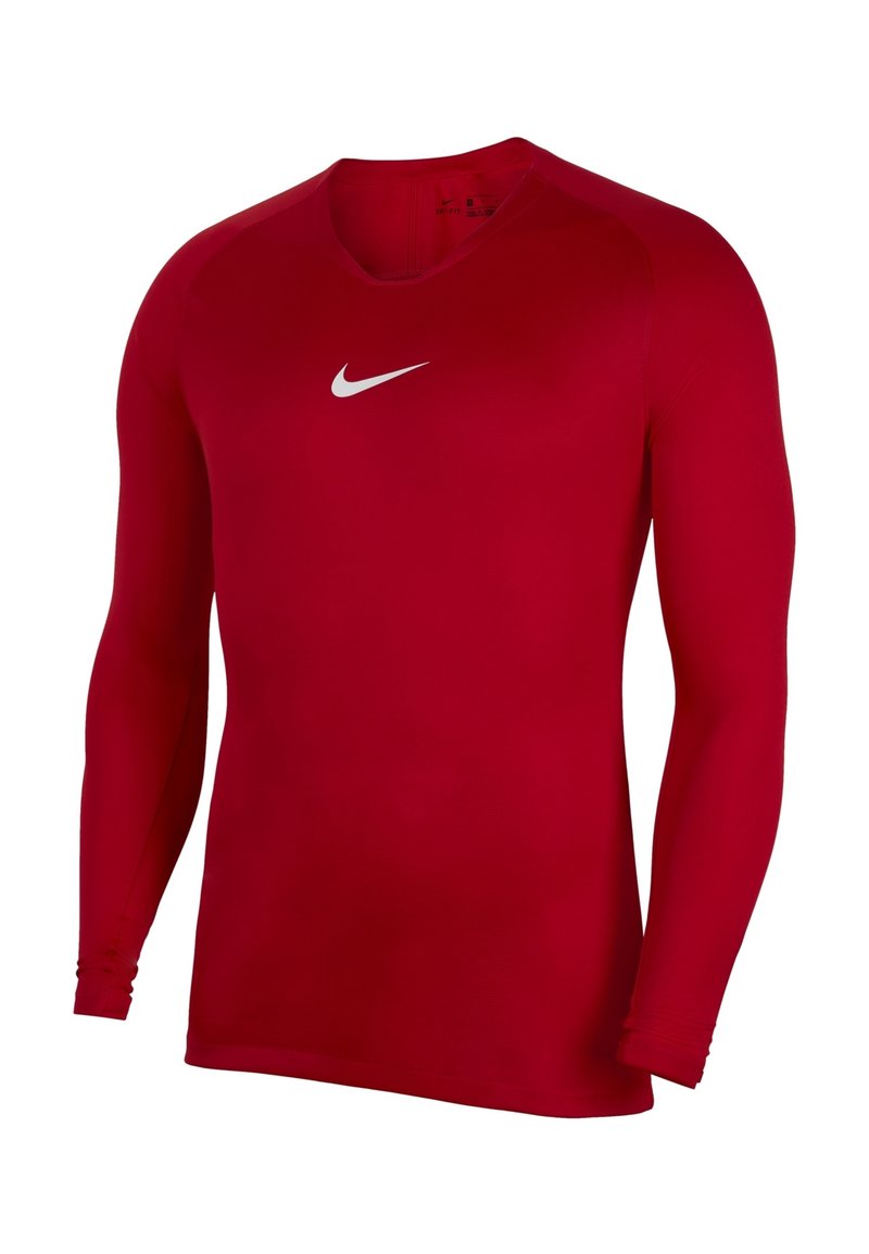 Rotes langärmliges Sportshirt aus dehnbarem Material, mit rundem Halsausschnitt und weißem Nike-Logo auf der Brust. Glatte Textur.