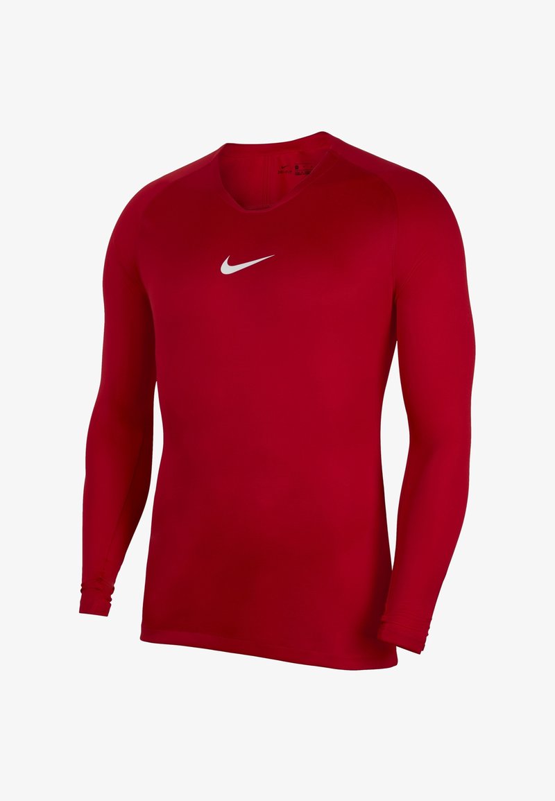 Rotes langärmliges Sportshirt aus dehnbarem Material, mit rundem Halsausschnitt und weißem Nike-Logo auf der Brust. Glatte Textur.