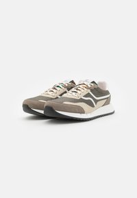 Chaussures de sport avec une tige en daim et en textile gris et beige. Comprend des lacets multicolores, des accents blancs et une semelle en caoutchouc noire.