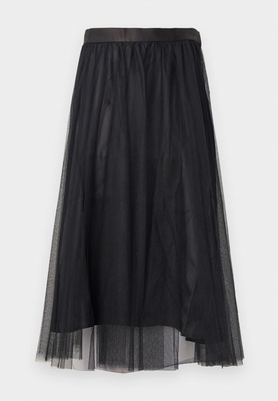 Svart tyllskjørt med en blank svart midje. Har et lagdelt design med en gjennomsiktig tekstur og en flytende midtlengde.