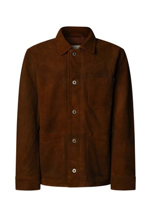 Brun ruskindsjakke med spids krave, fire forlommer og sølvfarvede knapper på midten. Tekstureret overflade.