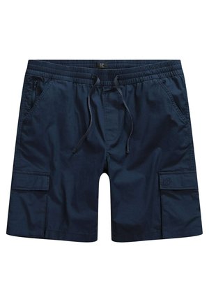 Mørkeblå cargo shorts lavet af letvægtsstof, med en elastisk talje med snor, to sidelommer og en cargolomme med klap.