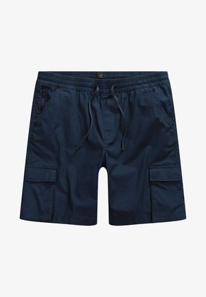 Marineblauwe cargoshorts van lichtgewicht stof, met een elastische tailleband met trekkoord, twee zijzakken en één cargozak met klep.