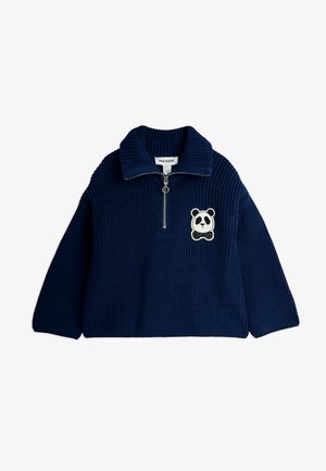 Sweater de malha azul marinho para crianças com gola de meia abertura e emblema de rosto de panda a usar uma gravata-borboleta no peito.