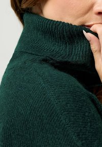 Maglione verde lavorato a maglia con un alto colletto a coste. Il tessuto appare morbido, dalla texture ricca e caldo, con sottili variazioni di tonalità.