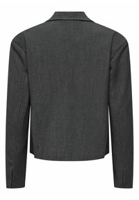 Marynarka w kolorze węgla drzewnego, gładki materiał, dopasowany krój, klapa z nacięciem, długie rękawy, minimalistyczny styl, rozcięcie z tyłu.