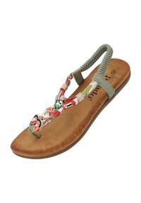 Slippers met een gevlochten groene band, bloemenpatroon stof en een zachte bruine voetbed. Voorzien van decoratieve metalen accenten.