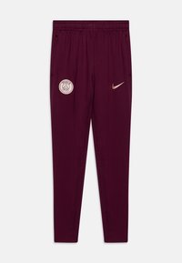 Bordeaux sportbroek met een elastische tailleband, zijzakken, gouden accenten, met een Parijs-logo en een Nike swoosh-logo op de voorkant.