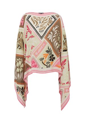 Bunt gemusterter, leichter Stoffponcho mit Blumenmotiven, der eine lockere Form, weite Ärmel und einen leuchtend pinken Saum entlang der Kanten aufweist.