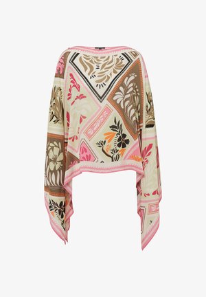 Poncho in tessuto leggero multicolore con motivi floreali, caratterizzato da una forma rilassata, maniche ampie e un bordo di un vivace colore rosa lungo i bordi.