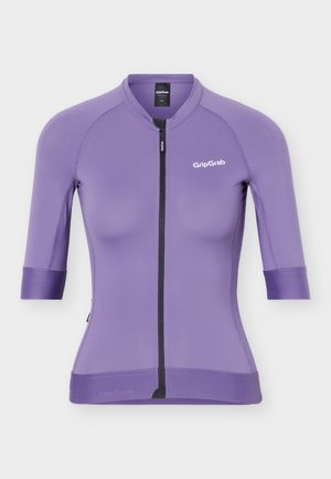 Lila Radtrikot mit kurzen Ärmeln, schwarzem Reißverschluss vorne und weißem GripGrab-Logo auf der Brust.