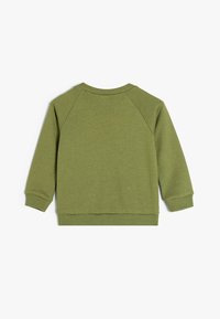 Grüner Pullover mit Rundhalsausschnitt, Raglanärmeln und gerippten Bündchen. Weicher Stoff mit strukturierter Optik, entworfen für Komfort.