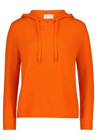 Pomarańczowy, dziany hoodie z długimi rękawami, dekoltem w serek i sznurkami. Miękka faktura, prążkowane mankiety i brzeg. Brak wzorów lub dodatkowych akcentów.