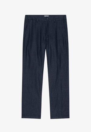 Tummansiniset suorat housut, joissa on etutaskut, vyölenkit ja napitus vyötäröllä.