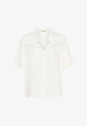 Fehér, rövid ujjú blúz, fodros V-nyakkivágással, szövetbe burkolt gombokkal és csipke díszítéssel a mell részen.