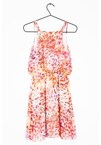 Hihaton mekko, jossa on vartalonmyötäinen yläosa ja liehuva helma, valmistettu kevyestä kankaasta, jossa on kukkakuvio vaaleanpunaisissa, oransseissa ja valkoisissa sävyissä.