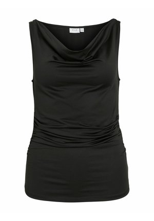 Top nero senza maniche in tessuto liscio, con scollatura a cappuccio e dettagli arricciati sui lati per una silhouette aderente.