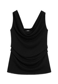 Svart ärmlös topp med djup V-ringning och draperad detalj. Tillverkad av mjukt tyg med lager av texturer vid midjan.