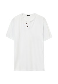 T-shirt bianco a maniche corte realizzato in cotone, con scollatura a V e tre bottoni marroni, vestibilità comoda e texture liscia.