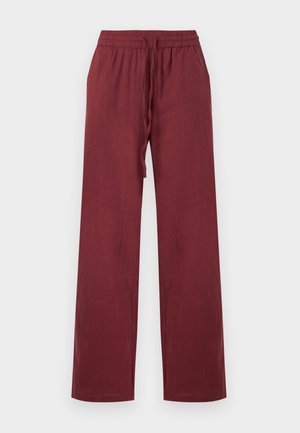 Pantalones de lino burdeos de pierna ancha con cintura elástica y cordón delantero, exhibidos sobre un fondo blanco liso.