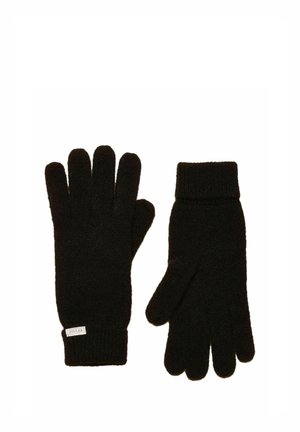 Porinė juodų megztų pirštinių pora, viena delnu į viršų, kita delnu į apačią, su mažu baltu prekės ženklo ženkleliu ant riešo manžetės.