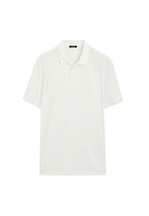 White polo shirt made from polo fabric, featuring a collared neckline, short sleeves, and a straight cut with three-button closure.