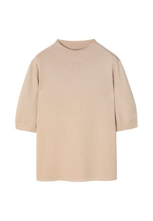 Beżowy sweter z krótkim rękawem o wysokim dekolcie. Wykonany z miękkiej dzianiny, cechujący się luźnym krojem i gładką fakturą. Prosty, czysty design.