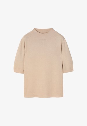 Beige, rövid ujjú pulóver magas nyakkal. Puha kötött anyagból készült, laza szabással és sima felülettel. Egyszerű, letisztult dizájn.