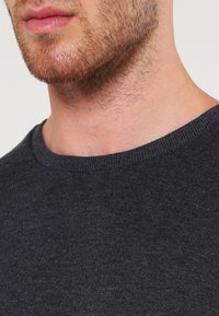 Unterhalb des Gesichts und Hals eines bärtigen Mannes, der einen dunkelgrauen, gestrickten Rundhalsausschnittpullover vor schlichtem Hintergrund trägt.