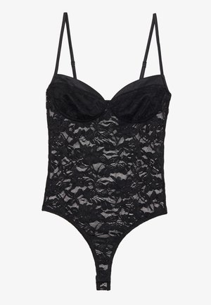 Body negro de encaje con un diseño estructurado, tirantes finos y un patrón floral. Las copas ofrecen soporte con un corte de tanga en la parte inferior.