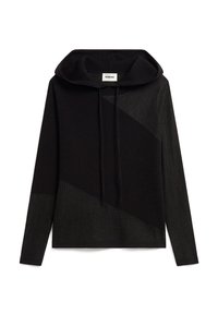 Zwarte gebreide hoodie met een diagonale patroon, voorzien van een trekkoordkap, geribbelde textuur en lange mouwen in verschillende tinten zwart.