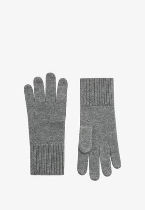Graue gestrickte Handschuhe mit einem gerippten Bündchen und einzelnen Fingerabschnitten. Die Textur ist glatt mit einer weichen Oberflächenbeschaffenheit.