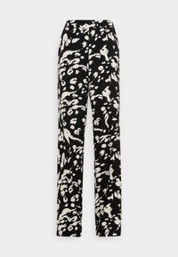 Black pants with a white abstract pattern, wide leg design, smooth fabric, high waist, featuring subtle pleats for added shape.