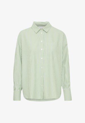 Green and white striped button-up shirt with a classic collar, single chest pocket, and long sleeves with buttoned cuffs.