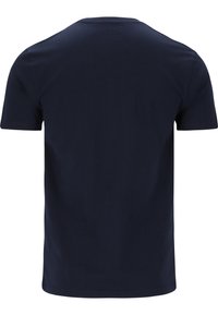 T-paita tummansinisestä lyhythihaisesta puuvillasta, jossa on pyöreä kaula-aukko. Pehmeä kangas, sileä pinta, yksinkertainen muotoilu, ei näkyviä kuvioita tai yksityiskohtia.