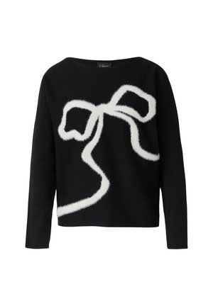 Maglione nero a maniche lunghe con un design a nastro bianco e peloso che attraversa la parte anteriore, caratterizzato da un ampio scollo e un orlo dritto.