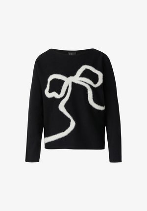 Schwarzer Pullover mit langen Ärmeln und einem weißen, flauschigen Banddesign auf der Vorderseite, mit weitem Halsauschnitt und geradem Saum.