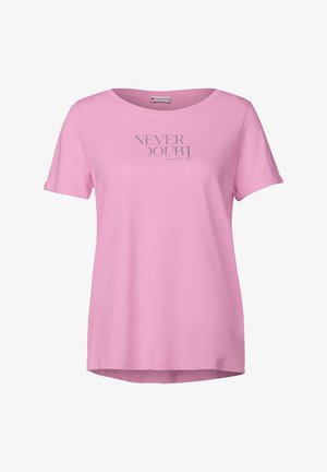 T-shirt rose à manches courtes avec un col rond, comportant un graphisme en texte argenté "NEVER DOUBT yourself". Tissu en coton lisse.