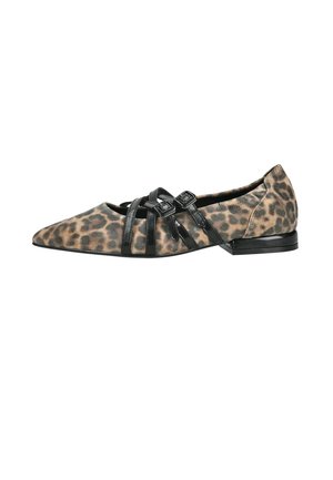 Spitzer flacher Schuh mit braunem Leopardenmuster-Stoff und schwarzen überkreuzten Riemen mit Schnallen oben, schwarzer niedriger Absatz.