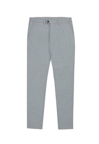 Jasnoszare slim-fit spodnie wykonane z teksturowanej tkaniny, z dwoma przednimi kieszeniami i zapięciem na jeden guzik.