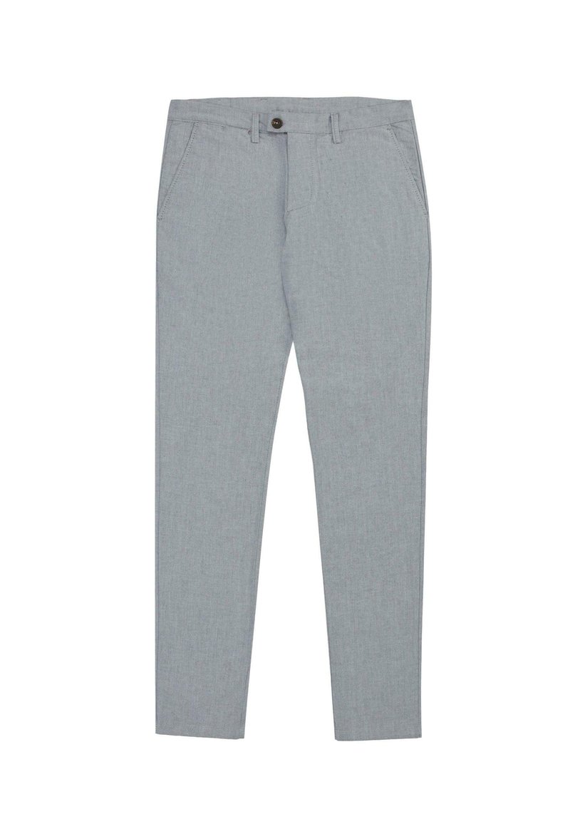 Jasnoszare slim-fit spodnie wykonane z teksturowanej tkaniny, z dwoma przednimi kieszeniami i zapięciem na jeden guzik.