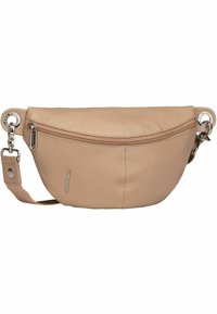 Borsa a tracolla in pelle beige con forma arrotondata, chiusura con zip superiore e dettagli in hardware argentato. Presenta una tracolla regolabile e un dettaglio del logo.