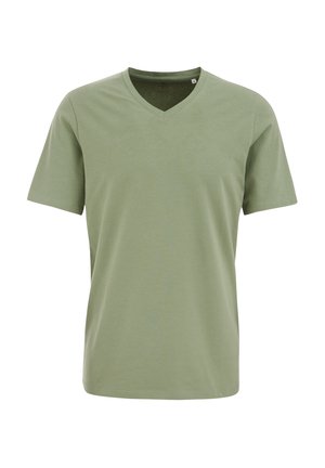 Tričko s krátkým rukávem ve světle zelené barvě s výstřihem do V, vyrobené z měkkého materiálu s hladkou texturou. Má uvolněný střih a rovný lem.