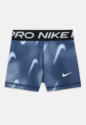 Modre atletske hlače Nike Pro s črnim pasom, na katerem je napis "NIKE PRO" v beli barvi, ter belim Nike logotipom na levi nogi.