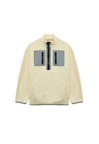 Fleece-Pullover in Creme mit grauen Brusttaschen. Verfügt über einen hohen Kragen, einen halben Reißverschluss vorne, seitliche Taschen und kontrastierende Bündchen.