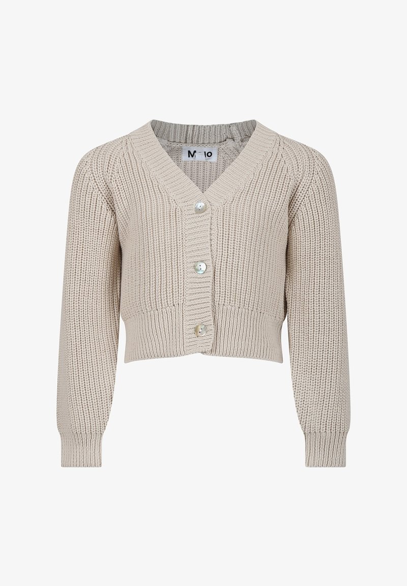 Cardigan beige en maille avec un design court, col en V, et trois gros boutons sur le devant ; texture côtelée et manches longues.