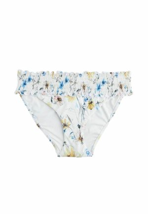 Valge bikiinipõhi kroogitud vöörihma ja pastelltoonides sinise, kollase ja roosa lillemustriga kergel kangal.